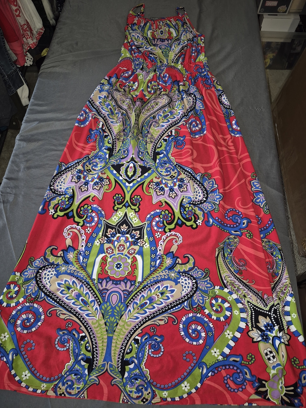 New York & Company Red Paisley Print Maxi Dress with Blue & Green Accents
